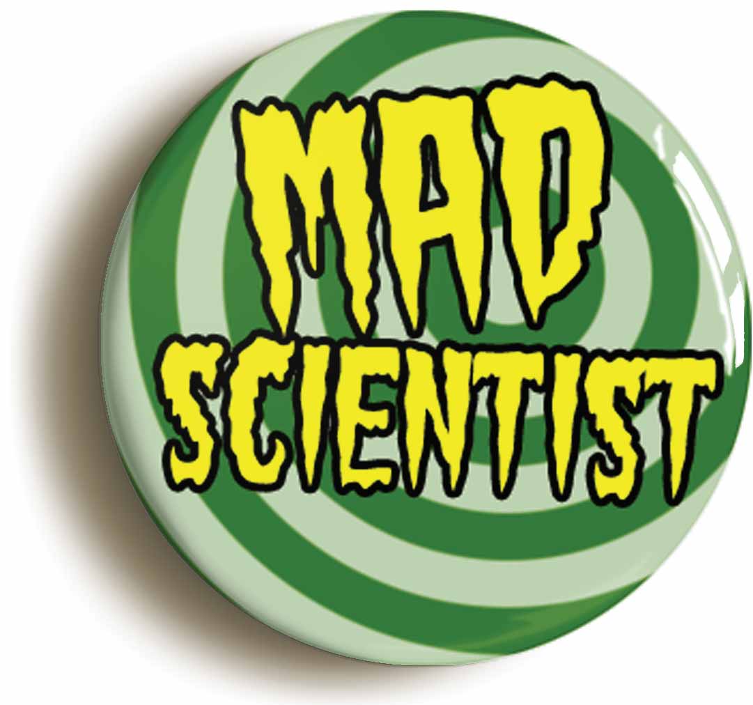 A picture of the front of the product, titled Mad Scientist Circular 50mm Fridge Magnet