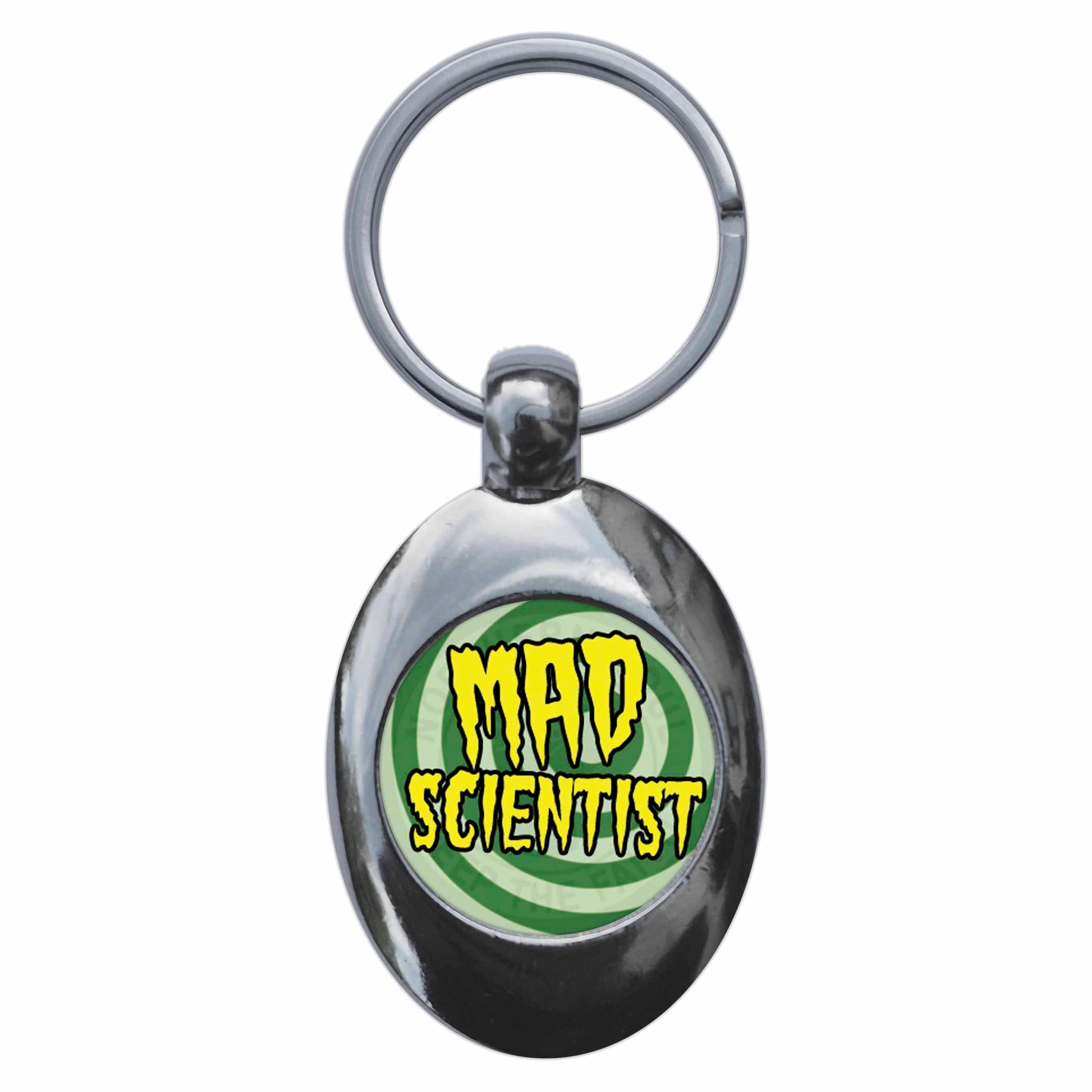 A picture of the front of the product, titled Mad Scientist Metal Keyring With Trolley Coin
