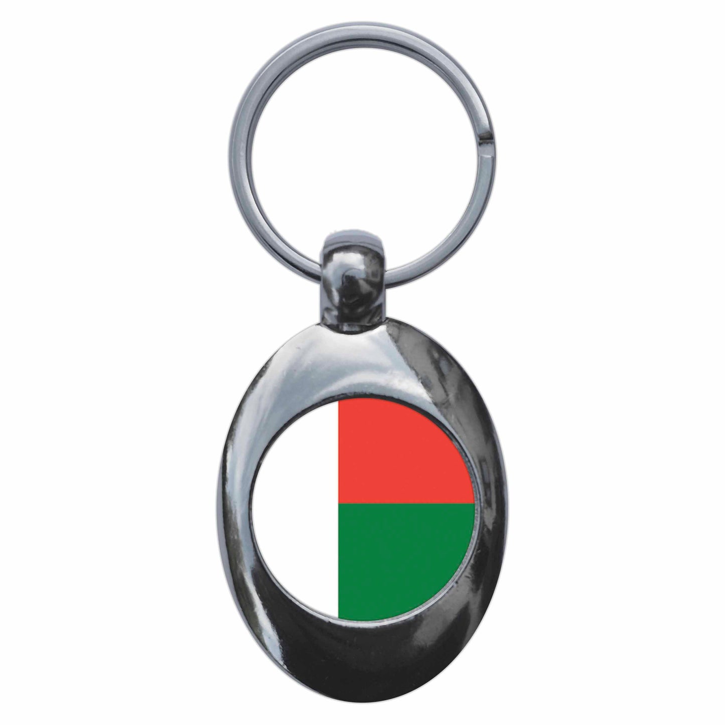 A picture of the front of the product, titled Madagascar Madagascan National Flag Metal Keyring With Trolley Coin