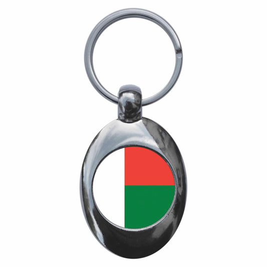 A picture of the front of the product, titled Madagascar Madagascan National Flag Metal Keyring With Trolley Coin