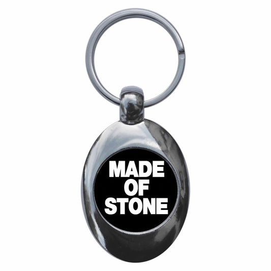 A picture of the front of the product, titled Made Of Stone Metal Keyring With Trolley Coin