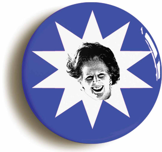 A picture of the front of the product, titled Margaret Thatcher Maggie Retro Eighties 1980s Button Pin Badge