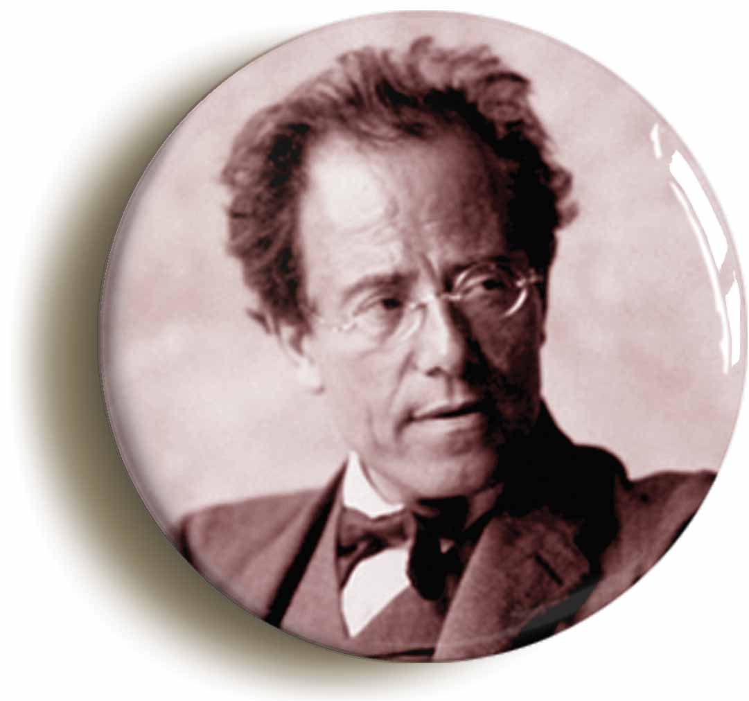 A picture of the front of the product, titled Gustav Mahler Classical Romantic Music Button Pin Badge