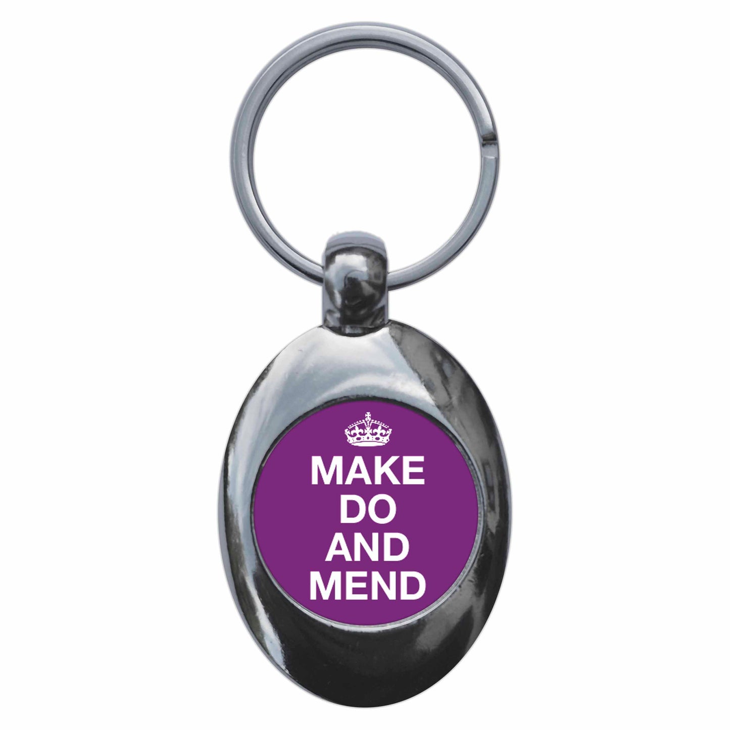 A picture of the front of the product, titled Make Do And Mend Metal Keyring With Trolley Coin