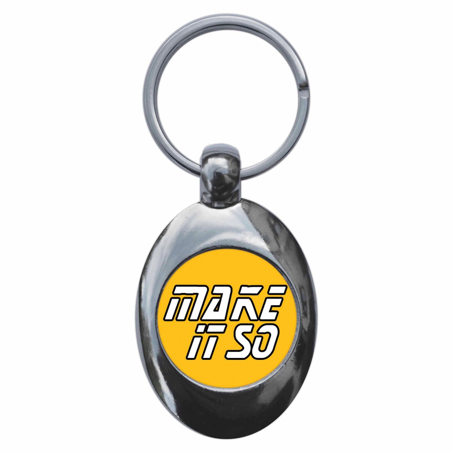 A picture of the front of the product, titled Make It So Metal Keyring With Trolley Coin