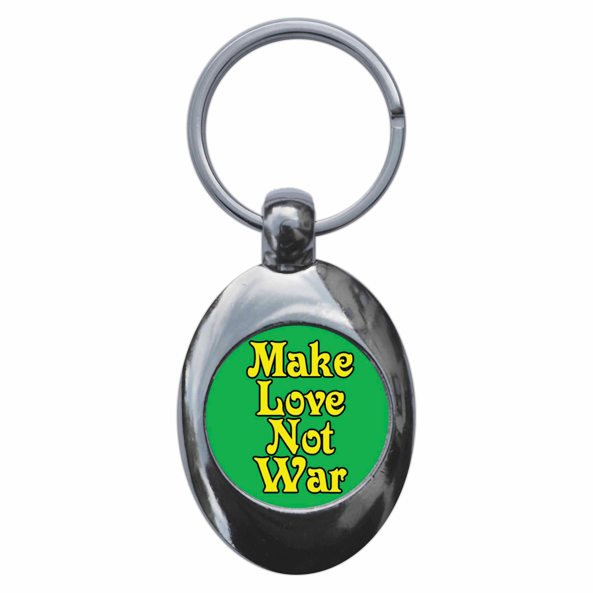 A picture of the front of the product, titled Make Love Not War Metal Keyring With Trolley Coin