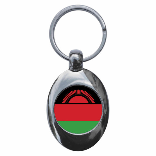 A picture of the front of the product, titled Malawi Malawian National Flag Metal Keyring With Trolley Coin
