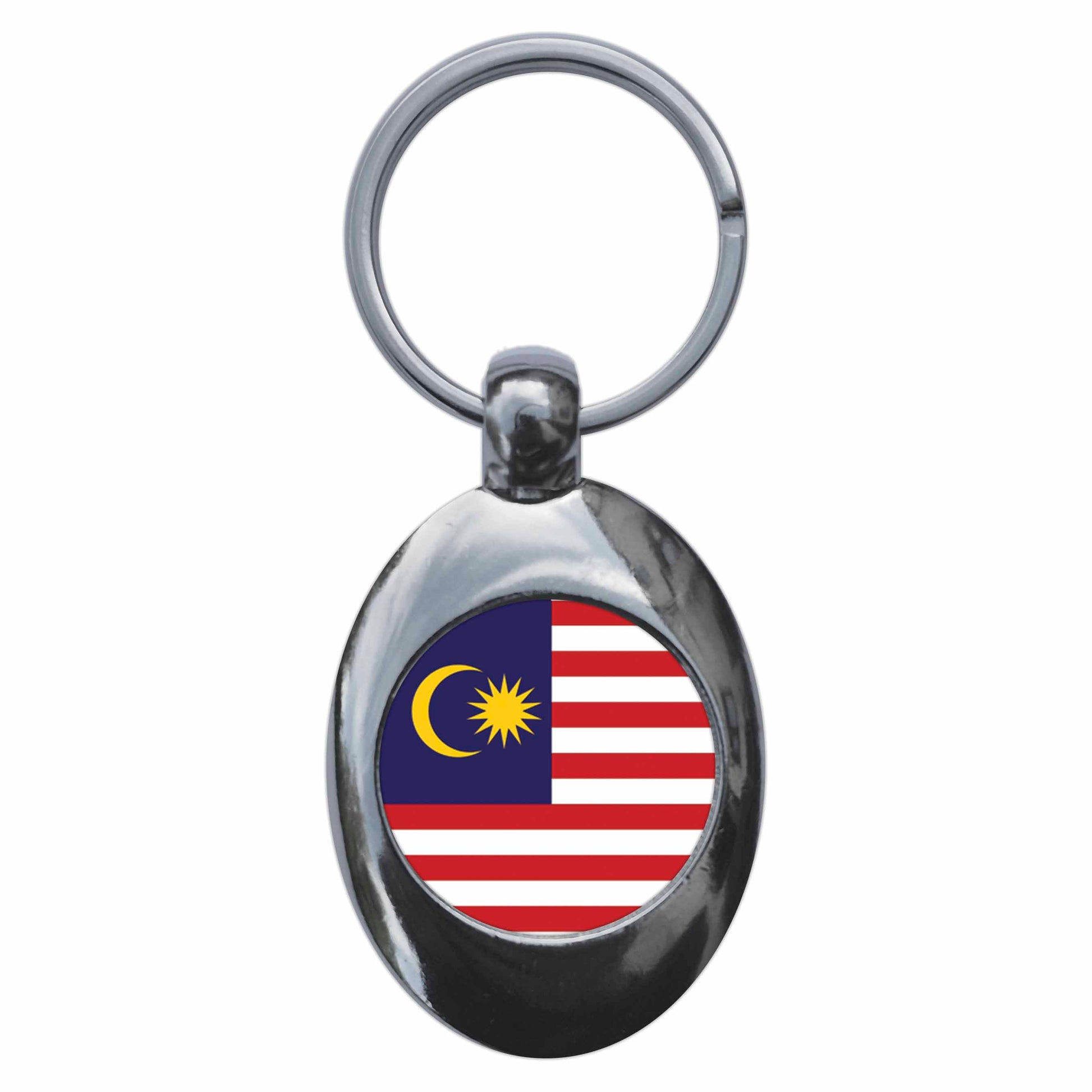 A picture of the front of the product, titled Malaysia Malaysian Malay National Flag Metal Keyring With Trolley Coin