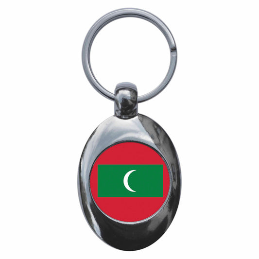 A picture of the front of the product, titled Maldives Maldivian National Flag Metal Keyring With Trolley Coin