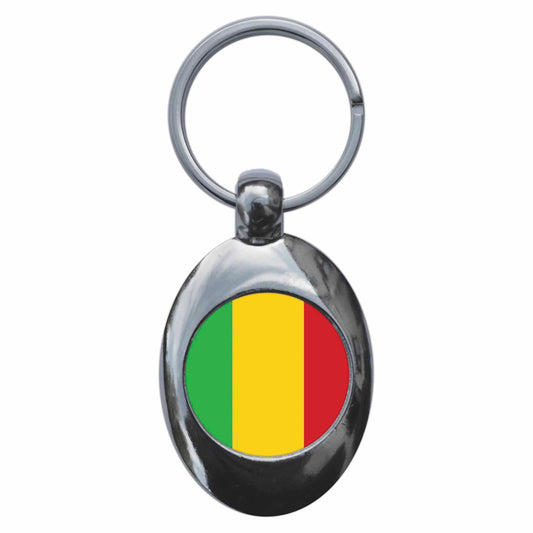 A picture of the front of the product, titled Mali Malian National Flag Metal Keyring With Trolley Coin