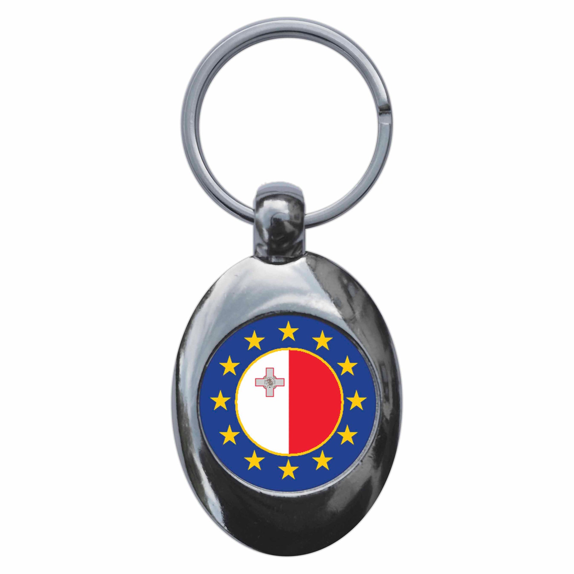 A picture of the front of the product, titled Malta European Union Split Flag Metal Keyring With Trolley Coin