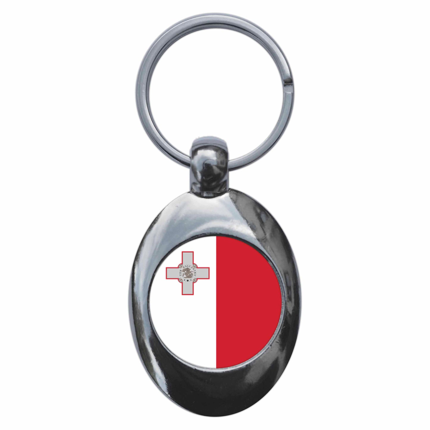 A picture of the front of the product, titled Malta Maltese National Flag Metal Keyring With Trolley Coin