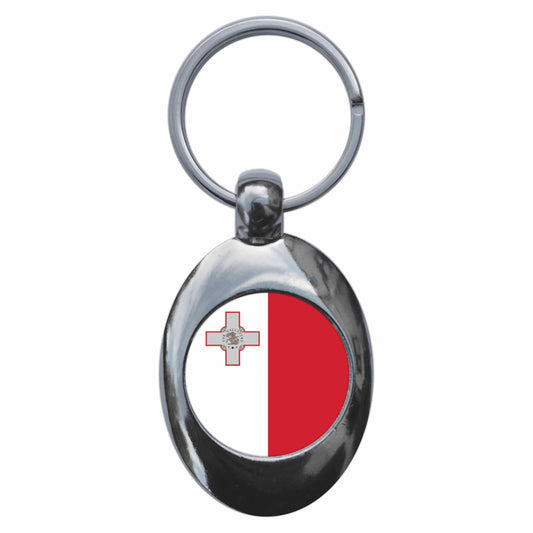 A picture of the front of the product, titled Malta Maltese National Flag Metal Keyring With Trolley Coin
