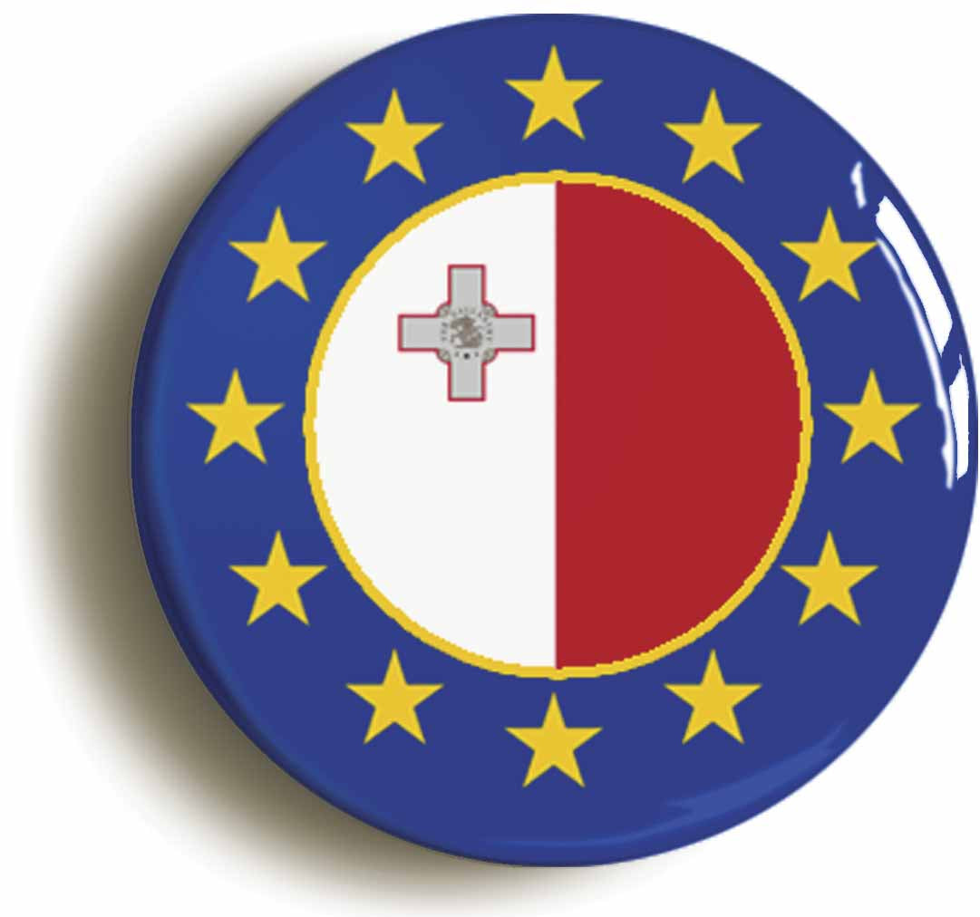 A picture of the front of the product, titled Malta European Union Split Flag Circular 50mm Fridge Magnet