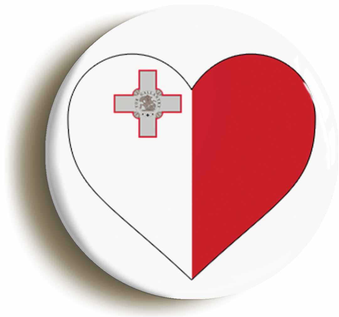 A picture of the front of the product, titled Malta Maltese Flag Heart Button Pin Badge