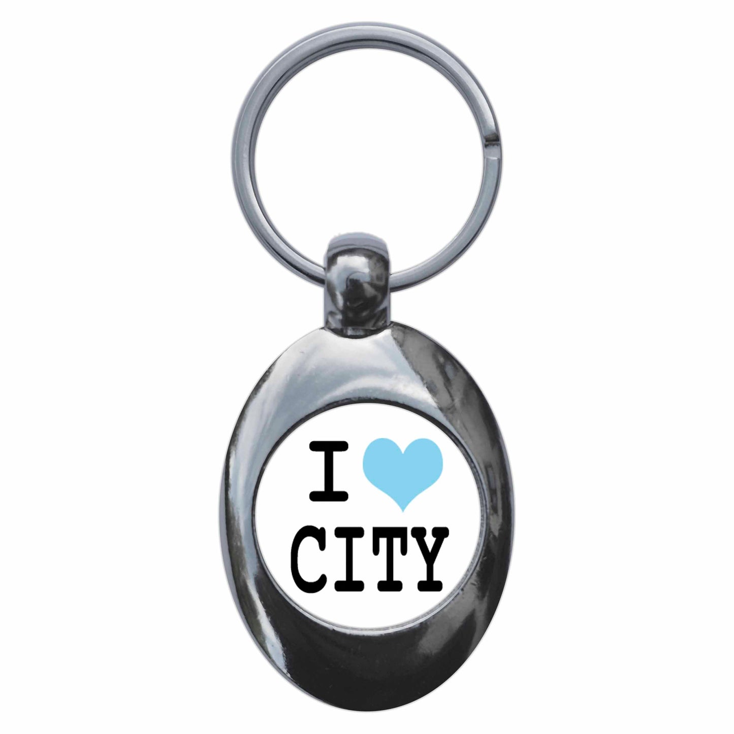A picture of the front of the product, titled I Heart Love City Metal Keyring With Trolley Coin