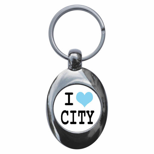 A picture of the front of the product, titled I Heart Love City Metal Keyring With Trolley Coin