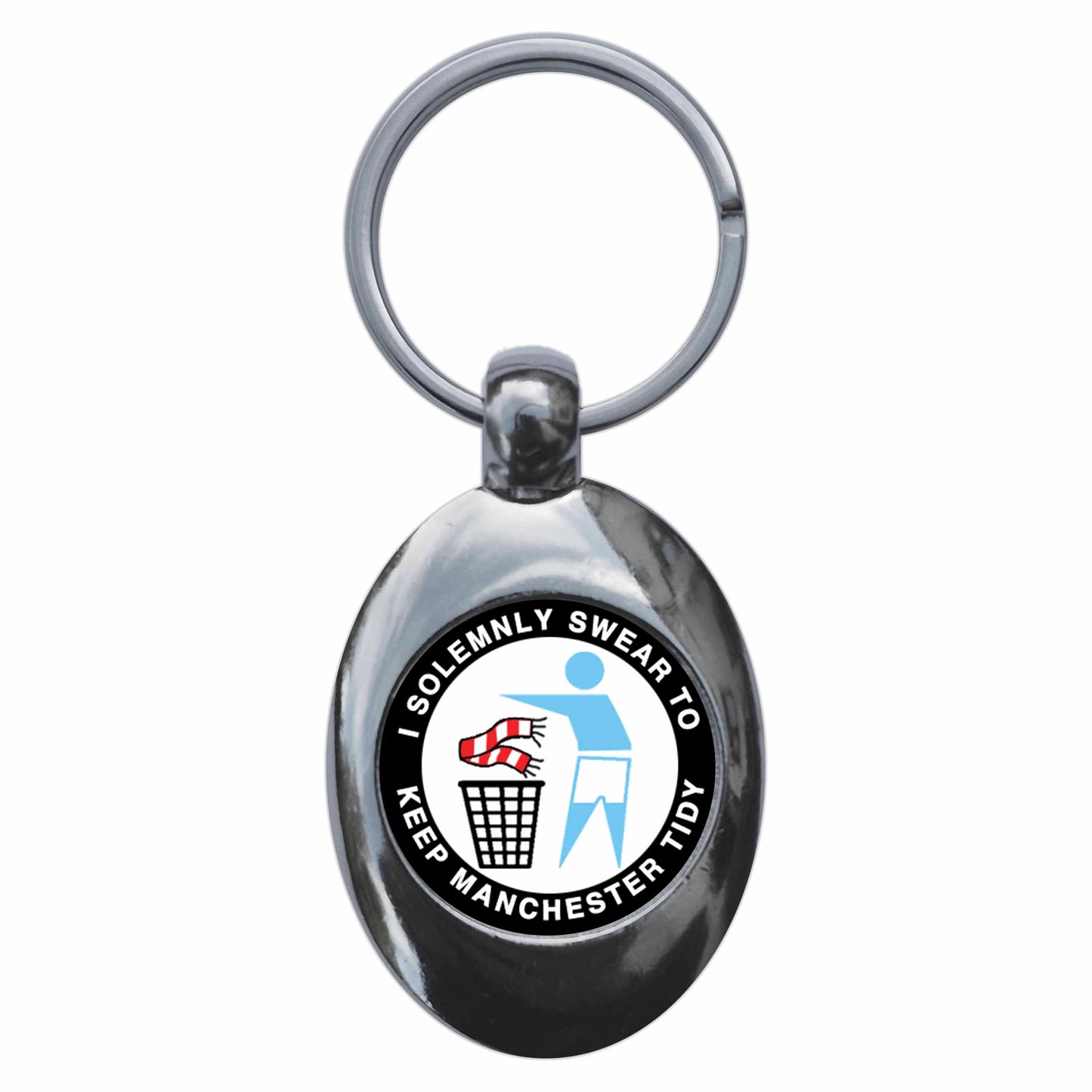 A picture of the front of the product, titled I Solemnly Swear To Keep Manchester Tidy - C Metal Keyring With Trolley Coin