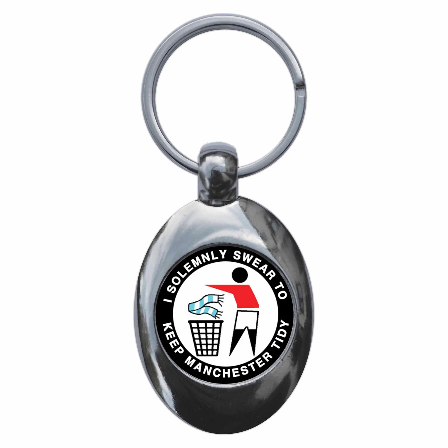 A picture of the front of the product, titled I Solemnly Swear To Keep Manchester Tidy - U Metal Keyring With Trolley Coin