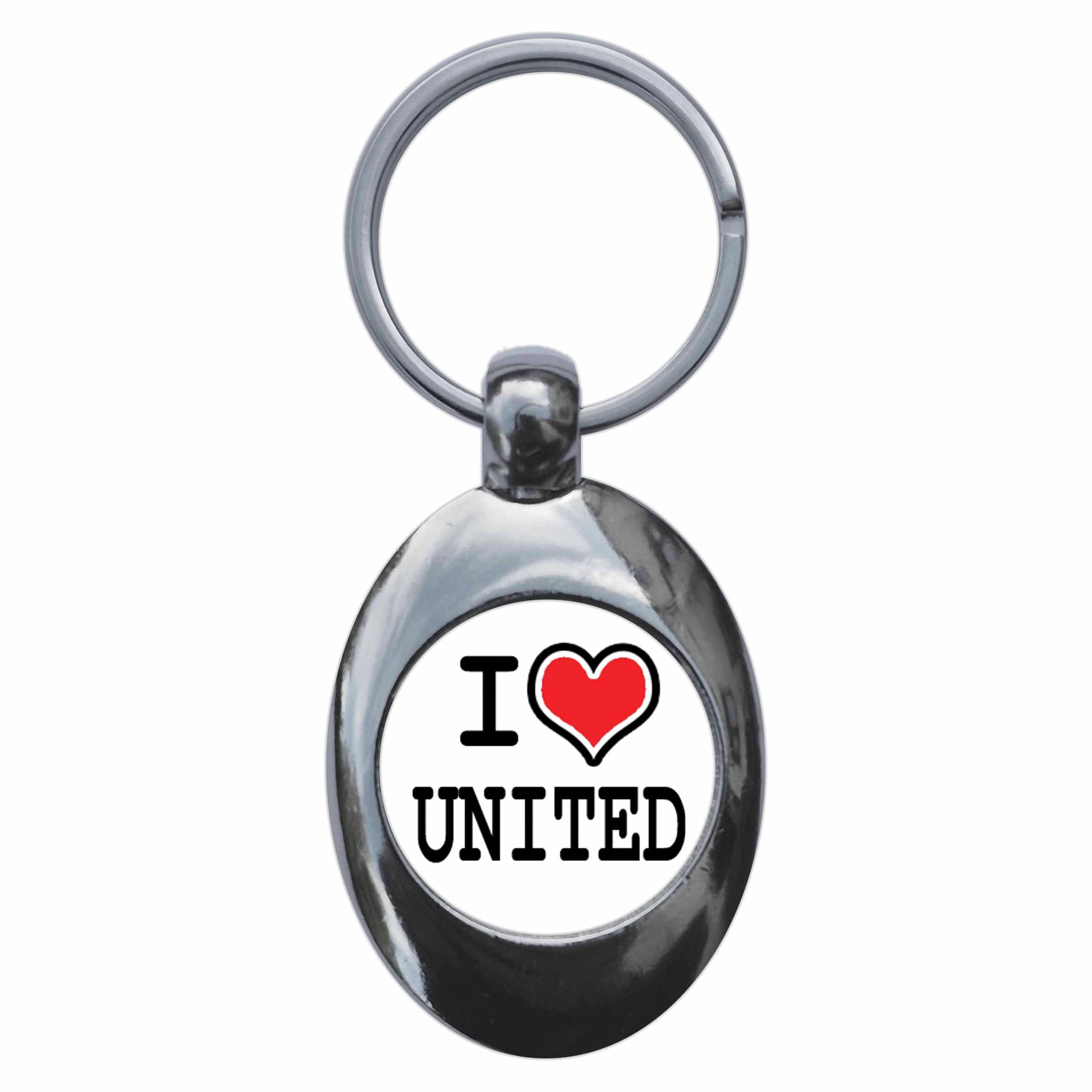 A picture of the front of the product, titled I Heart Love United Metal Keyring With Trolley Coin