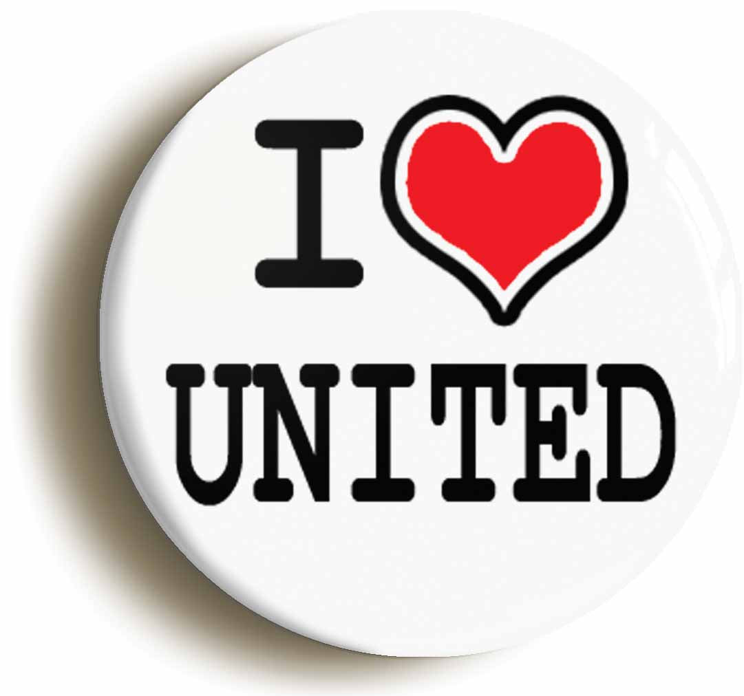 A picture of the front of the product, titled I Heart Love United Button Pin Badge