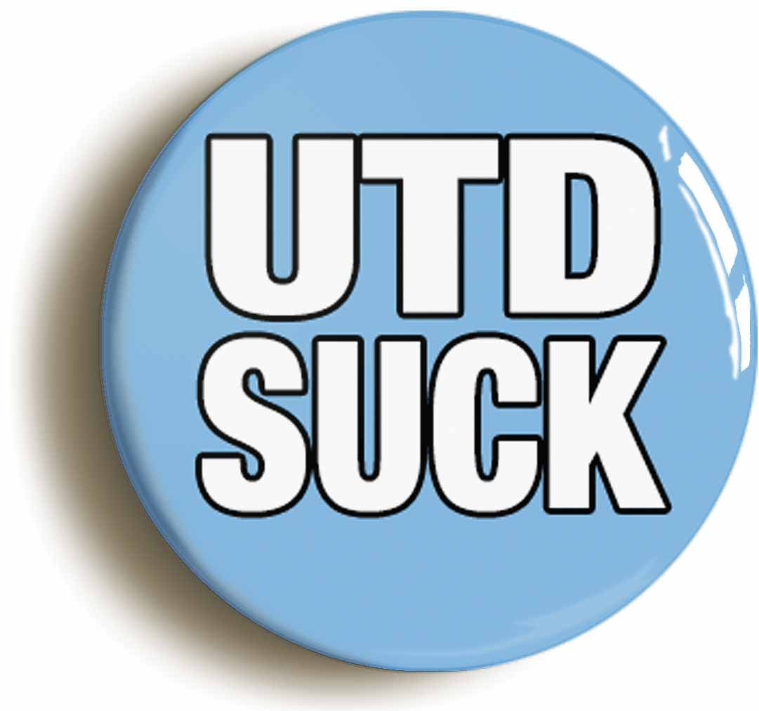 A picture of the front of the product, titled United Suck Funny City Button Pin Badge