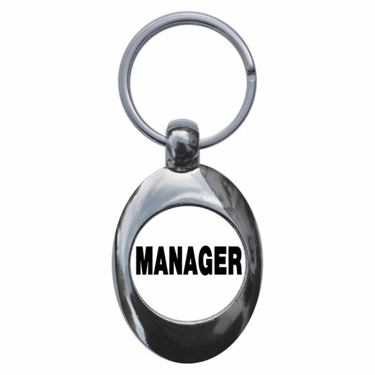 A picture of the front of the product, titled Manager Metal Keyring With Trolley Coin