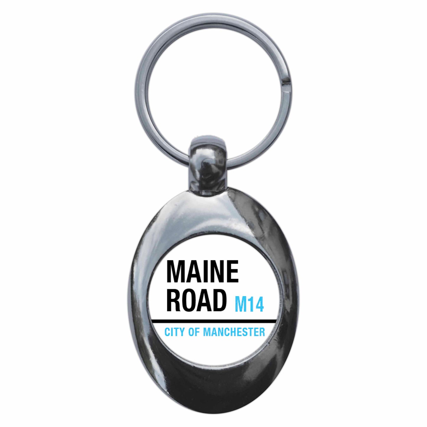A picture of the front of the product, titled Maine Road M14 City Of Manchester Road Sign Metal Keyring With Trolley Coin