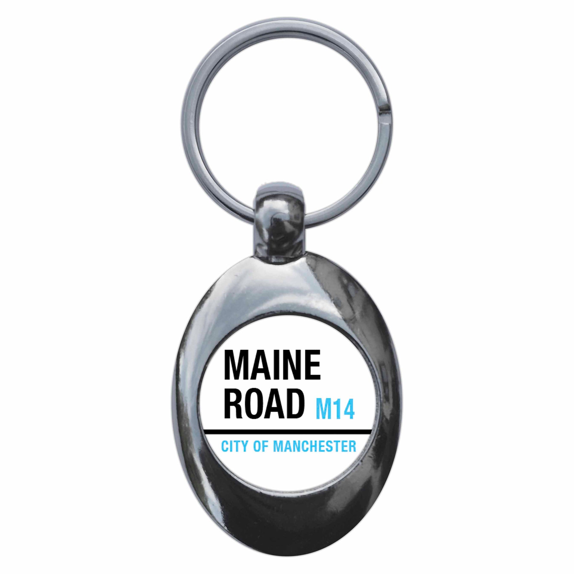A picture of the front of the product, titled Maine Road M14 City Of Manchester Road Sign Metal Keyring With Trolley Coin