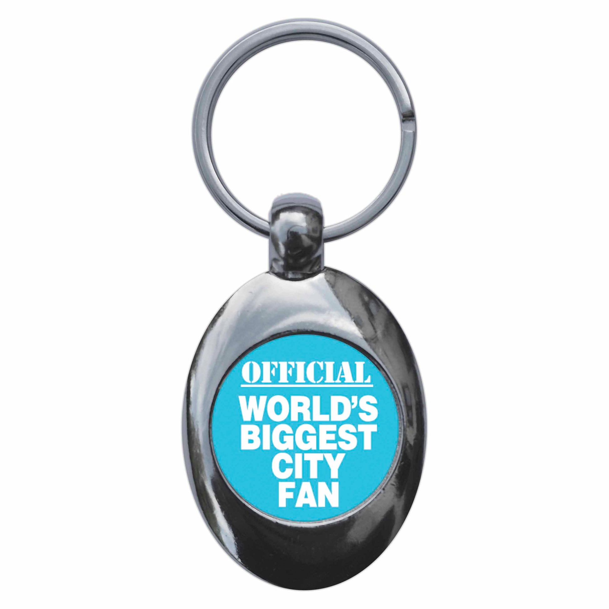 A picture of the front of the product, titled World's Biggest City Fan -M Metal Keyring With Trolley Coin