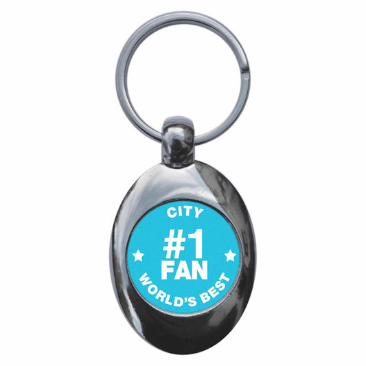 A picture of the front of the product, titled City #1 Fan Metal Keyring With Trolley Coin