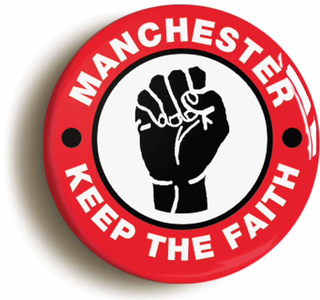 A picture of the front of the product, titled Manchester Red Keep The Faith Northern Soul Button Pin Badge