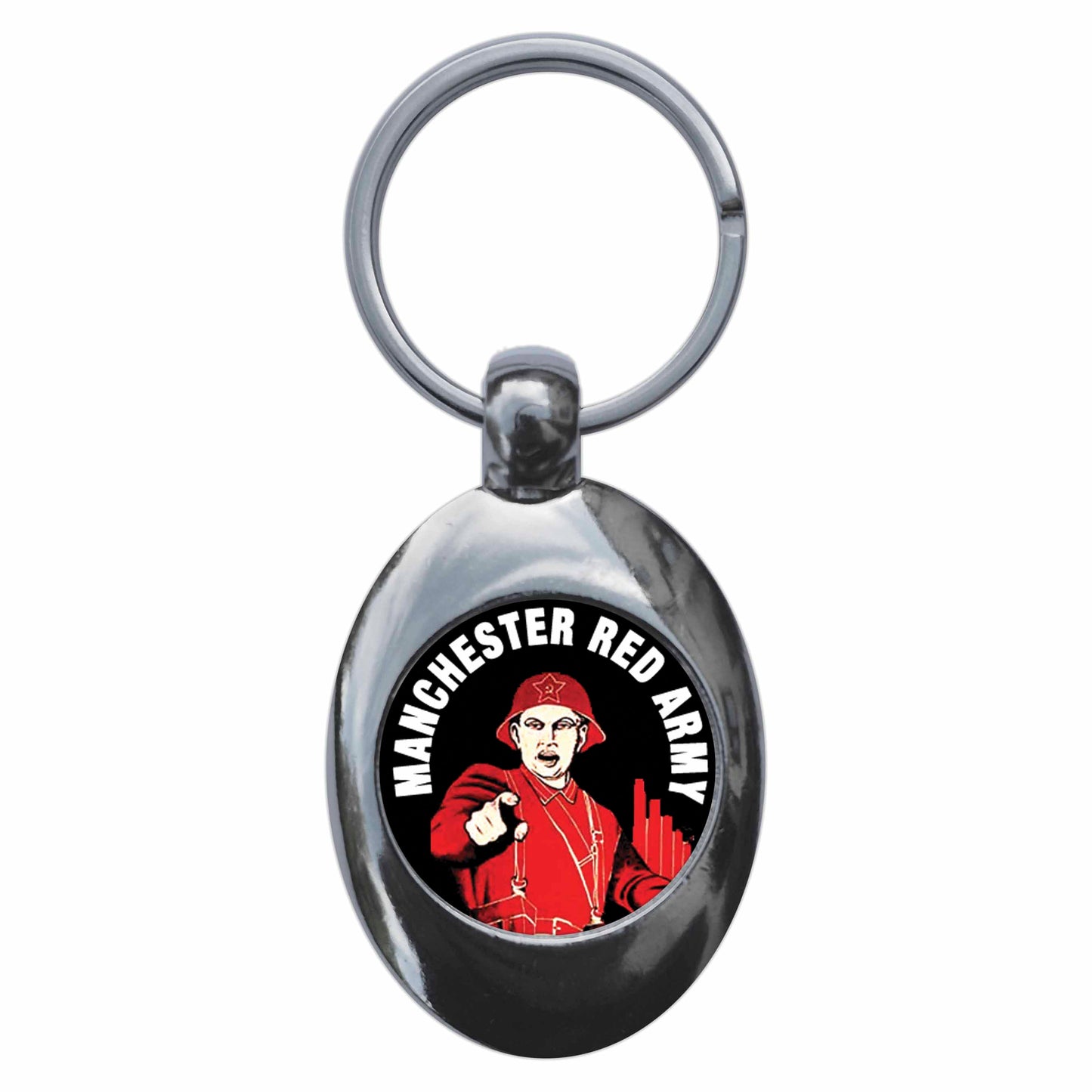 A picture of the front of the product, titled Manchester Red Army Metal Keyring With Trolley Coin