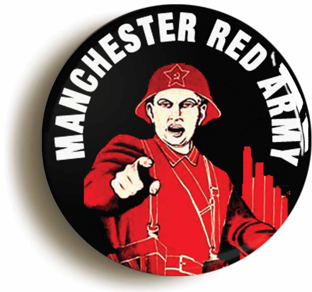 A picture of the front of the product, titled Manchester Red Army Circular 50mm Fridge Magnet