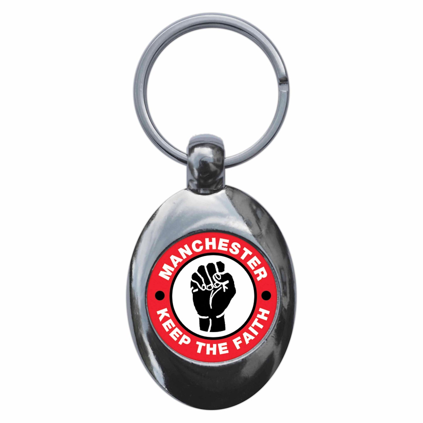 A picture of the front of the product, titled Manchester Red Keep The Faith Northern Soul Metal Keyring With Trolley Coin