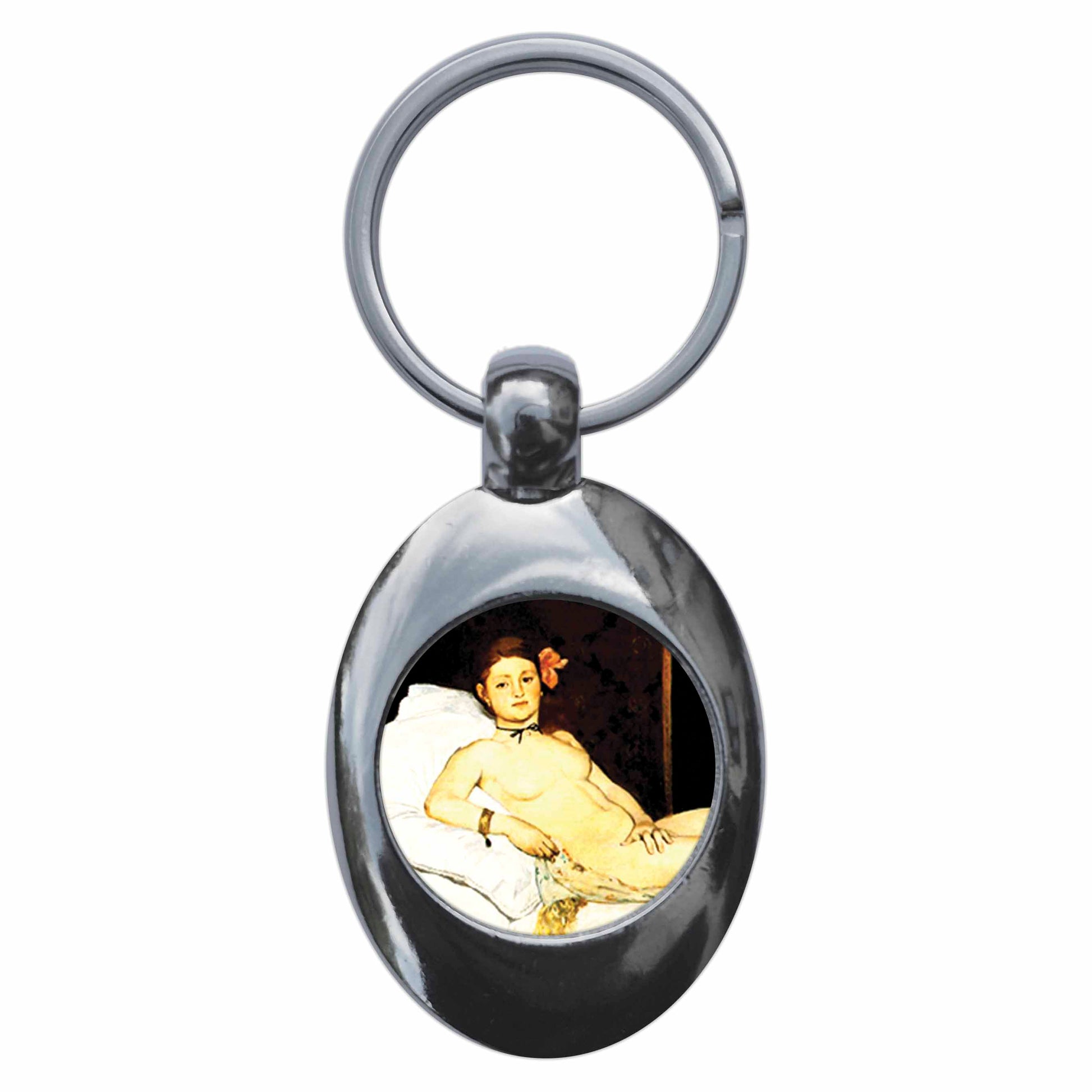 A picture of the front of the product, titled Edouard Manet Olympia Metal Keyring With Trolley Coin