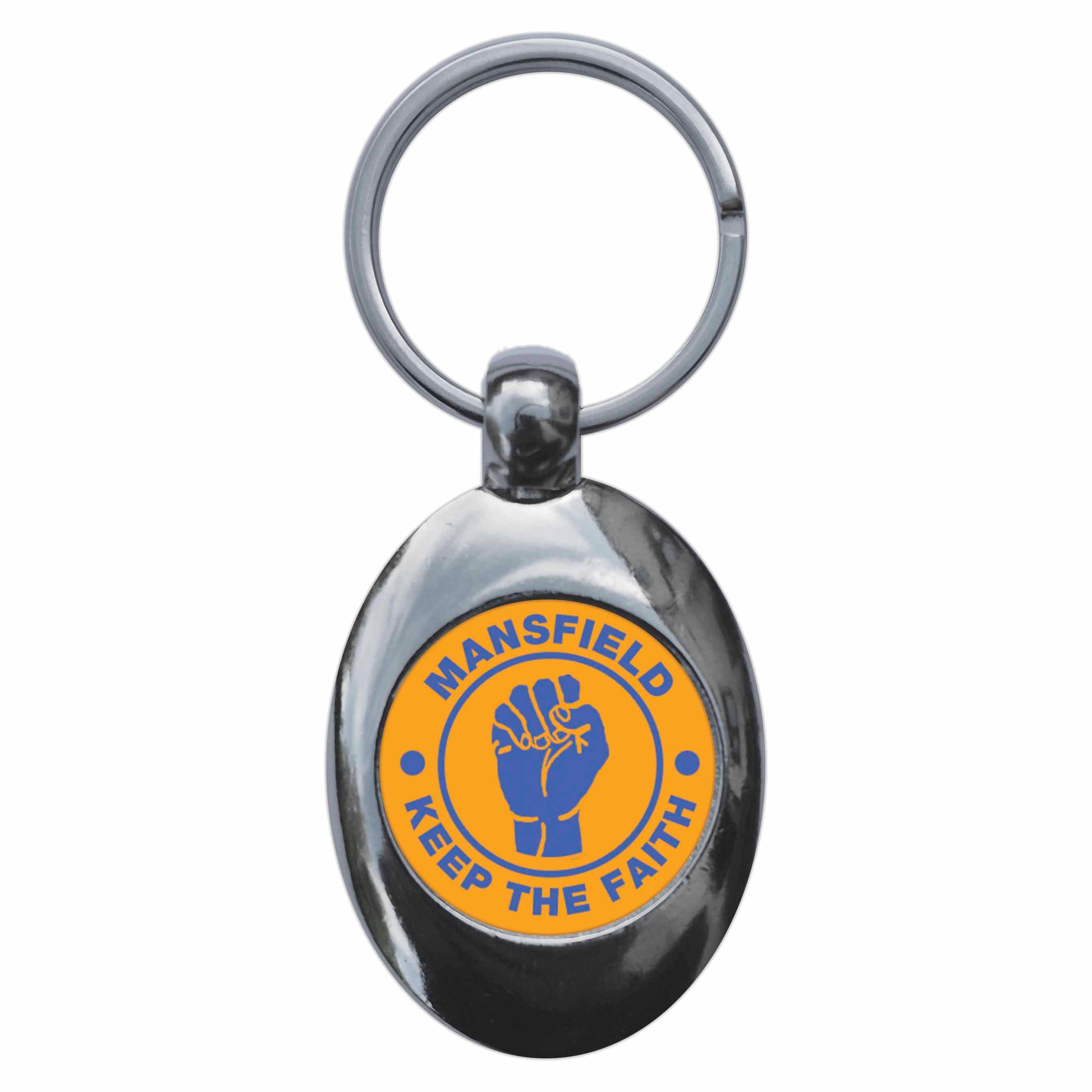 A picture of the front of the product, titled Mansfield Keep The Faith Northern Soul Metal Keyring With Trolley Coin