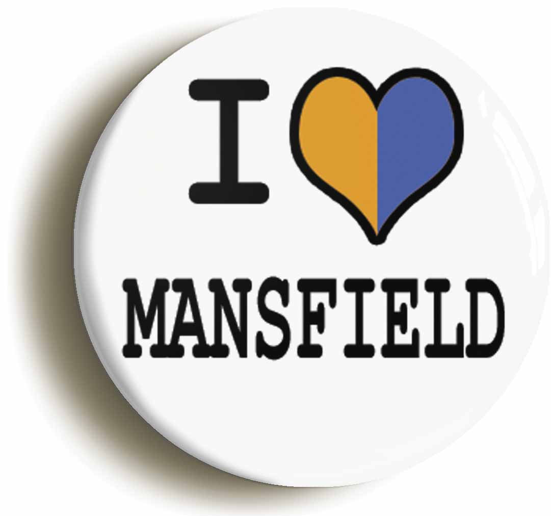 A picture of the front of the product, titled I Heart Love Mansfield Button Pin Badge