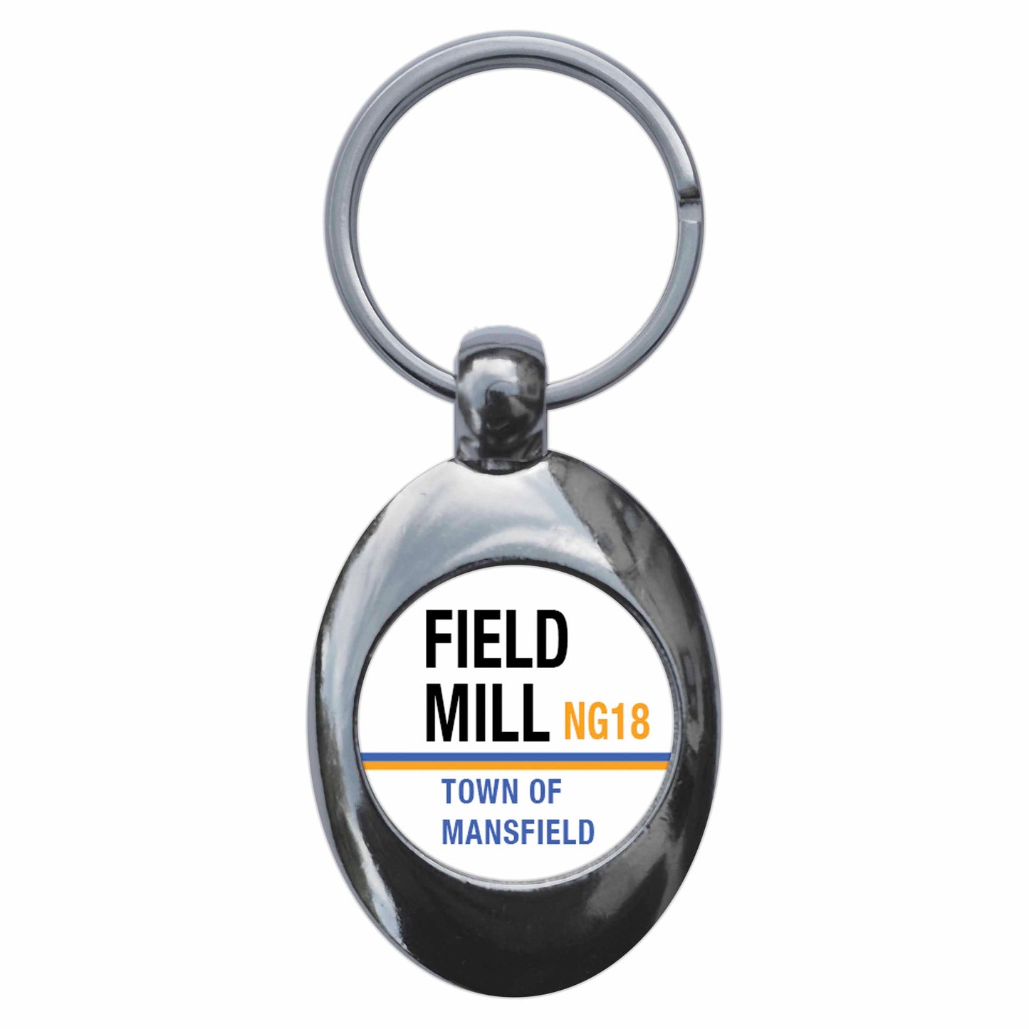 A picture of the front of the product, titled Field Mill NG18 Mansfield Road Sign Metal Keyring With Trolley Coin