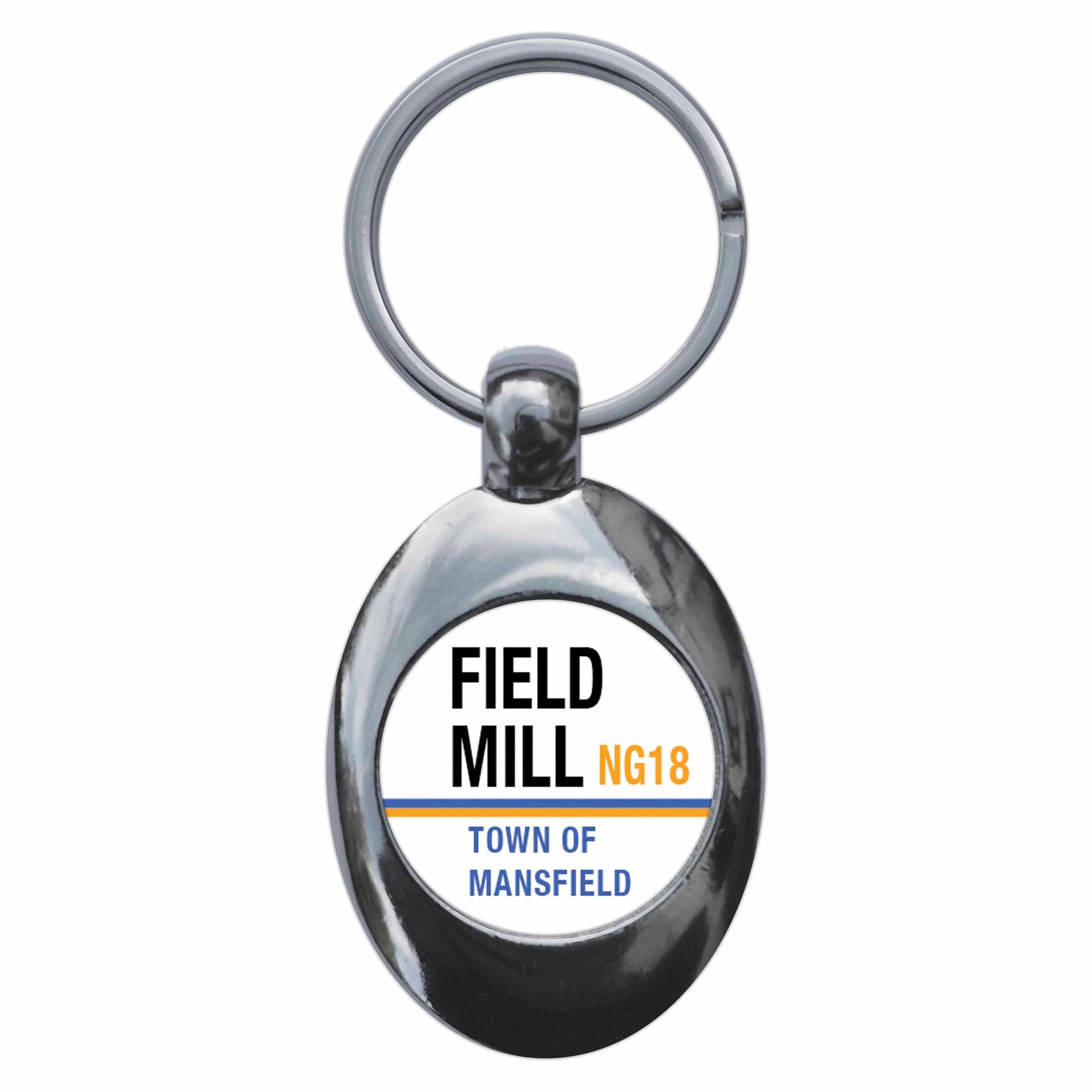 A picture of the front of the product, titled Field Mill NG18 Mansfield Road Sign Metal Keyring With Trolley Coin