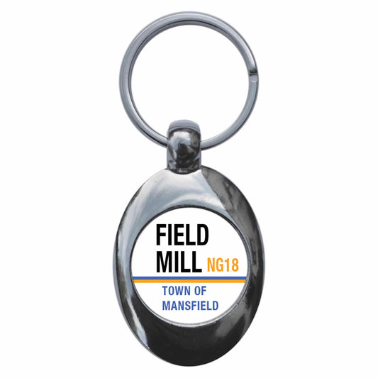 A picture of the front of the product, titled Field Mill NG18 Mansfield Road Sign Metal Keyring With Trolley Coin
