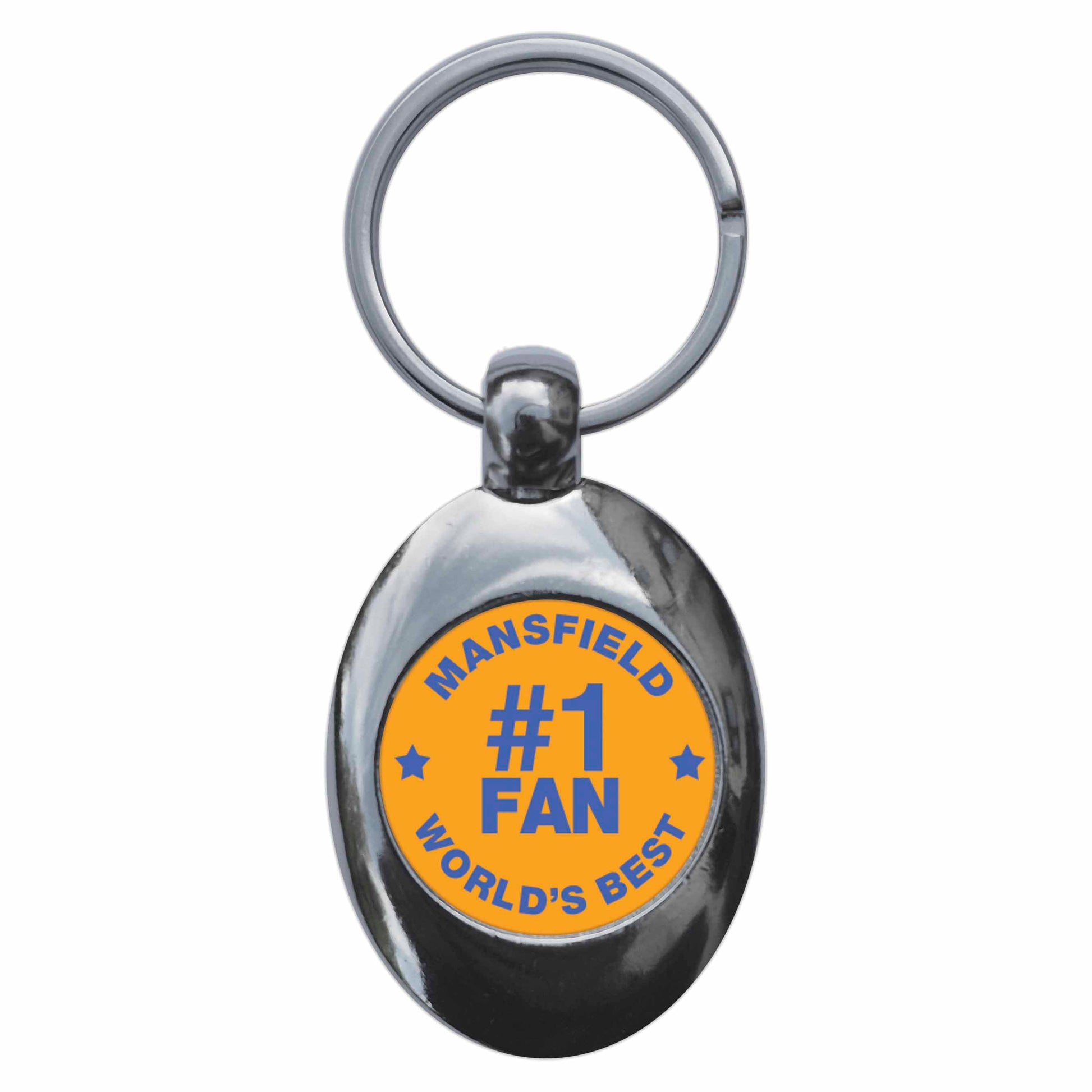 A picture of the front of the product, titled Mansfield #1 Fan Metal Keyring With Trolley Coin