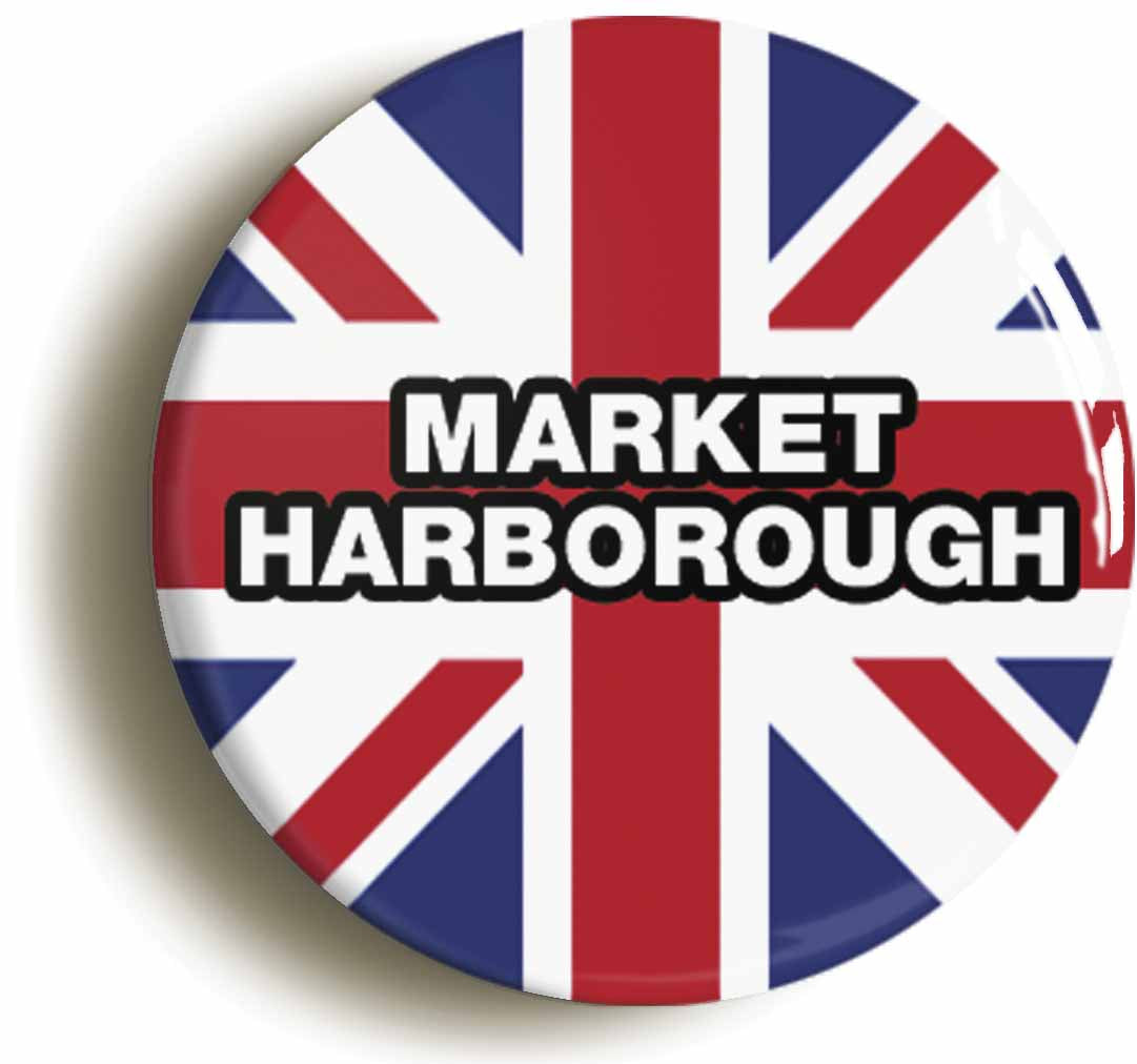 A picture of the front of the product, titled Market Harborough Union Jack Button Pin Badge