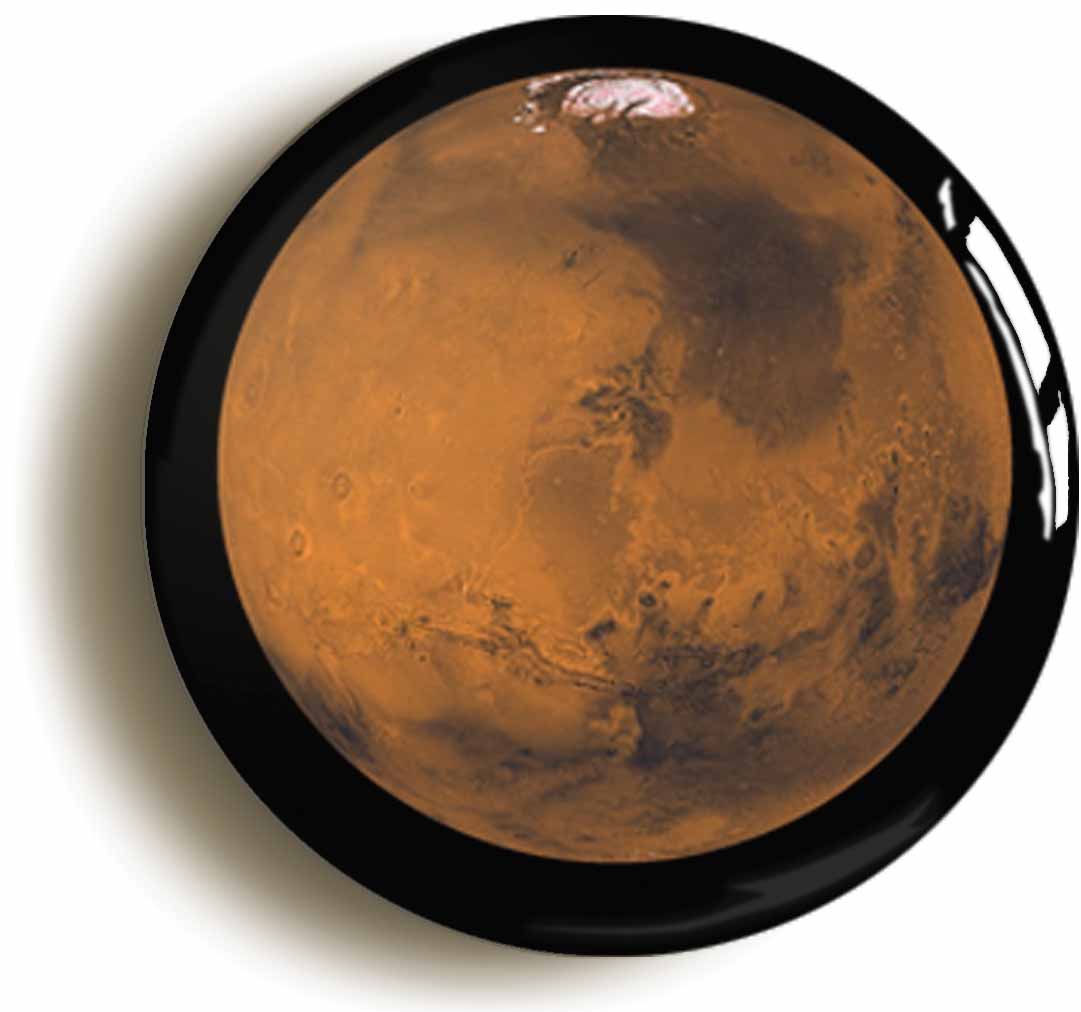 A picture of the front of the product, titled Planet Mars Circular 50mm Fridge Magnet