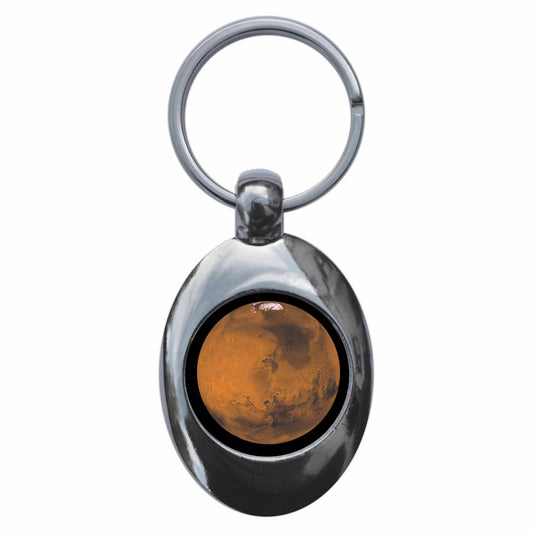 A picture of the front of the product, titled Planet Mars Metal Keyring With Trolley Coin