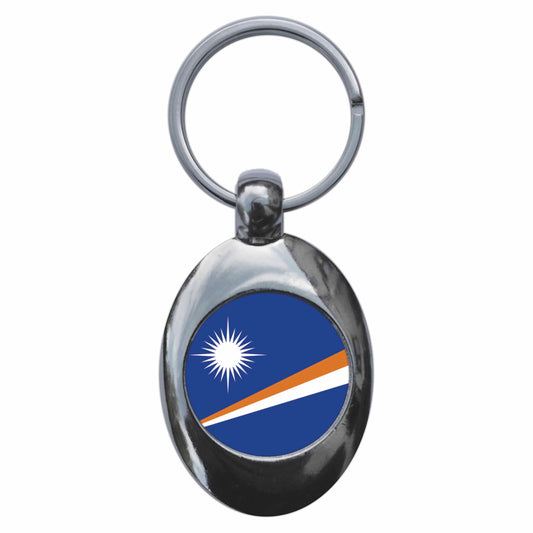 A picture of the front of the product, titled Marshall Islands National Flag Metal Keyring With Trolley Coin