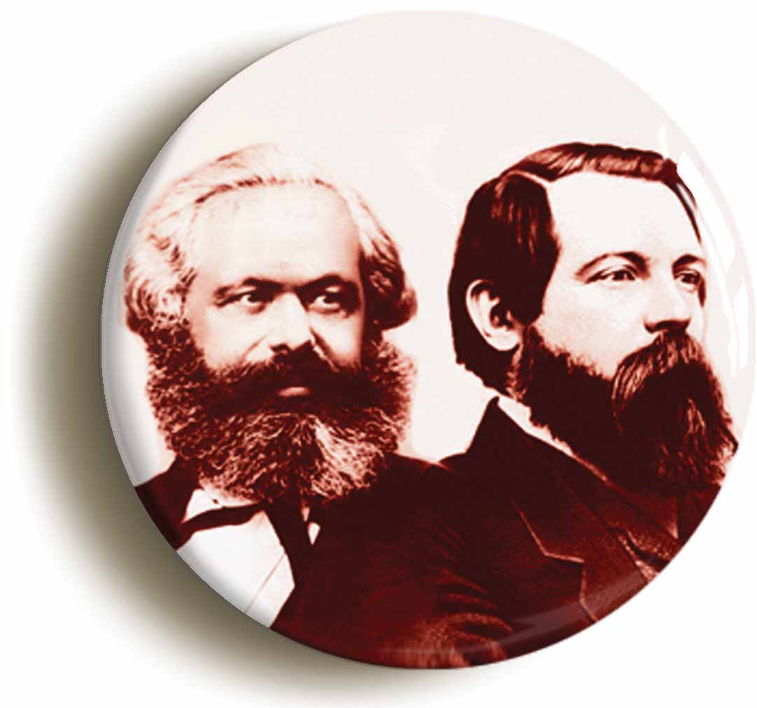 A picture of the front of the product, titled Marx Engels Portrait Communism Socialism Button Pin Badge