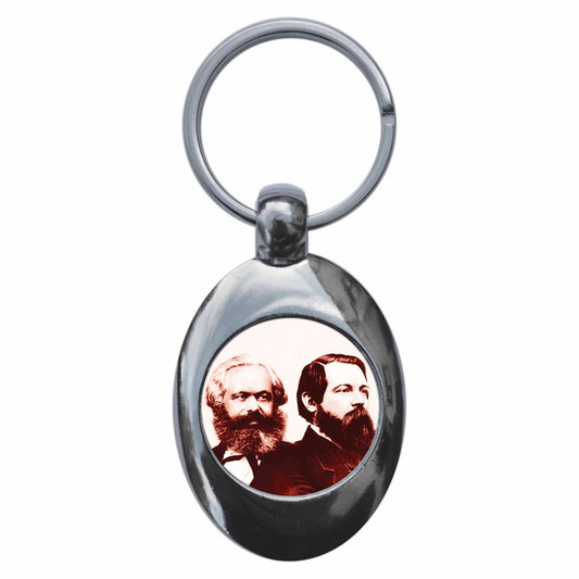 A picture of the front of the product, titled Karl Marx And Friedrich Engels Metal Keyring With Trolley Coin