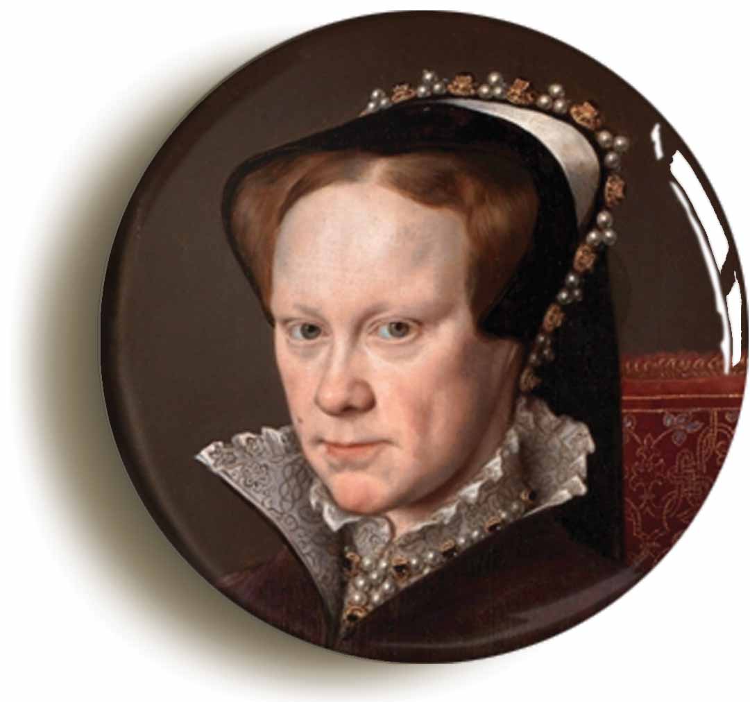 A picture of the front of the product, titled Queen Mary I Portrait Button Pin Badge