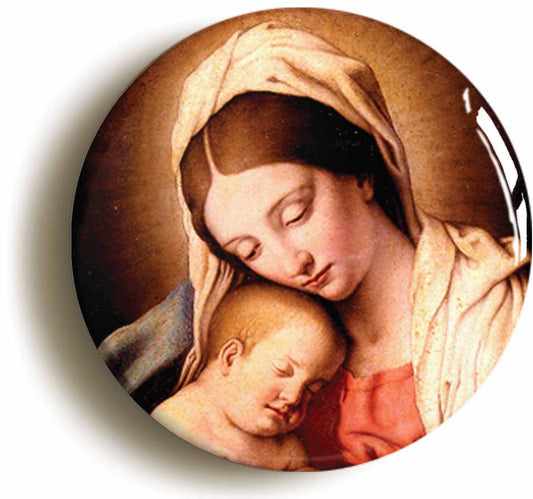 A picture of the front of the product, titled Madonna Virgin Mary Circular 50mm Fridge Magnet
